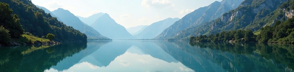Obraz premium Reflections of a serene lake on the still surface of a mountain river, calm, mountain
