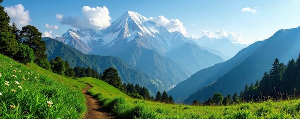 Fototapeta premium Lush green forests and meadows below the majestic Kanchenjunga mountain, Himalayas, Nature