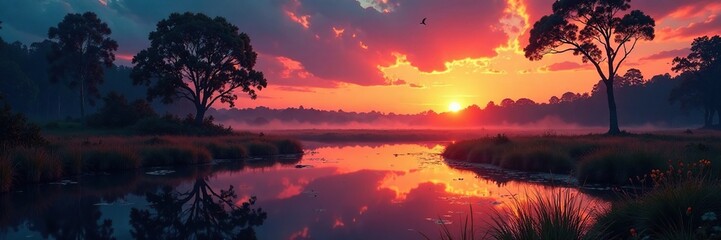 Obraz premium Nature's canvas of warm hues and deep blues painted across the Drente swamp at dusk, orange, trees