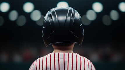 A young baseball player stands poised for the game, wearing a black helmet and a red-striped jersey, ready to face the challenge in a vibrant sports arena filled with excitement.