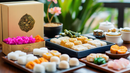 beautifully arranged altar offering with symbolic foods such as sticky rice cakes, pastries, and sweets, accompanied by tea and decorative flowers, creating festive and serene atmosphere
