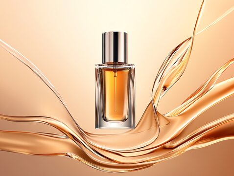 A collagen serum bottle surrounded by luminous, abstract golden waves