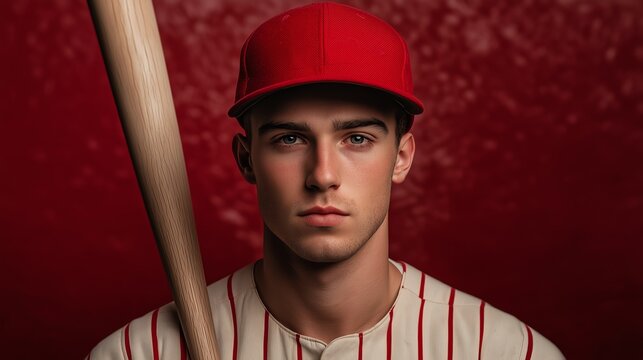 A young male baseball player poses confidently, holding a bat against a striking red background. His focused expression and attire reflect the passion and spirit of the sport.