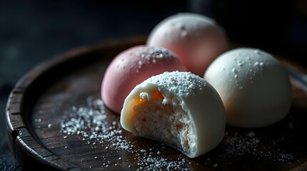 close-up photograph of mochi ice cream on wooden plate, space for copy