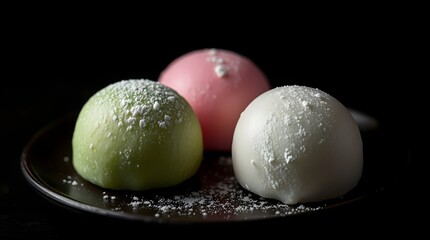 close-up photograph of mochi ice cream on wooden plate