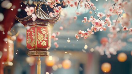 traditional red Chinese lantern adorned with floral patterns hangs among blooming cherry blossoms, symbolizing celebration and harmony during festive occasion