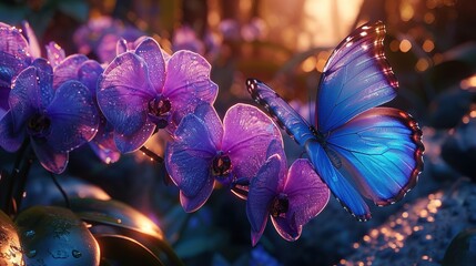 A blue butterfly perched on purple orchid flowers