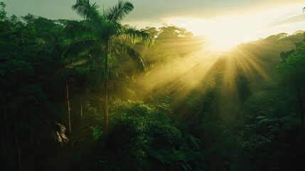 Obraz premium The sun is shining through the trees, casting a warm glow on the forest floor