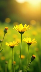 Fototapeta premium Soft petals of yellow wildflowers swaying gently in the morning breeze, sunshine, meadow