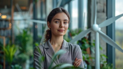 Female entrepreneur pitching a renewable energy project in a high-tech office