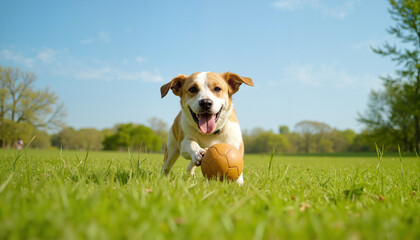 Dog running with a brown ball in its mouth on a sunny day in a grassy field
