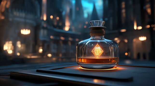 A glowing elixir bottle with intricate detailing and opulent props