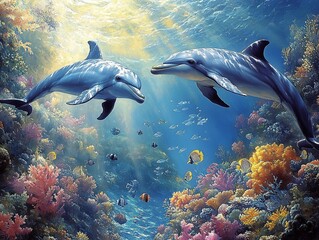 Two dolphins swim gracefully among vibrant coral reefs and colorful fish in a serene underwater scene.