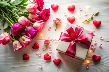 Romantic Valentine's Day Flat Lay: Pink & Red Hearts, Gift, Flowers