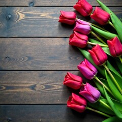 Purple tulips and red roses scattered on a rustic wooden table, greenery, purple tulips, bouquet