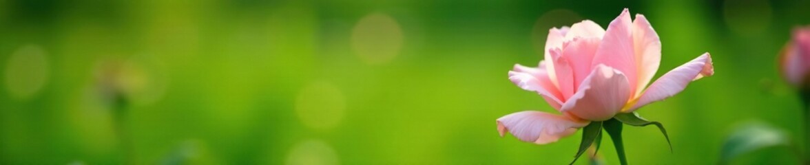 Delicate pink rose blooming in a lush green meadow, delicate blooms, peaceful surroundings, serene atmosphere
