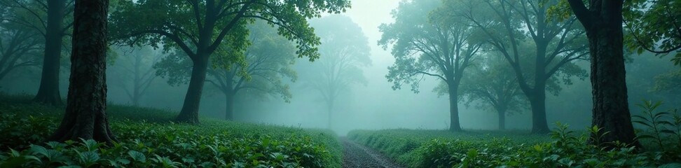 Fototapeta premium Dense foliage of trees in a misty forest atmosphere, scenery, trees, forest