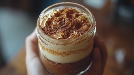 A decadent tiramisu served in a glass jar with a sprinkle of cocoa powder