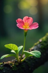 Fototapeta premium A single primrose flower blooms on a forest branch, stem,