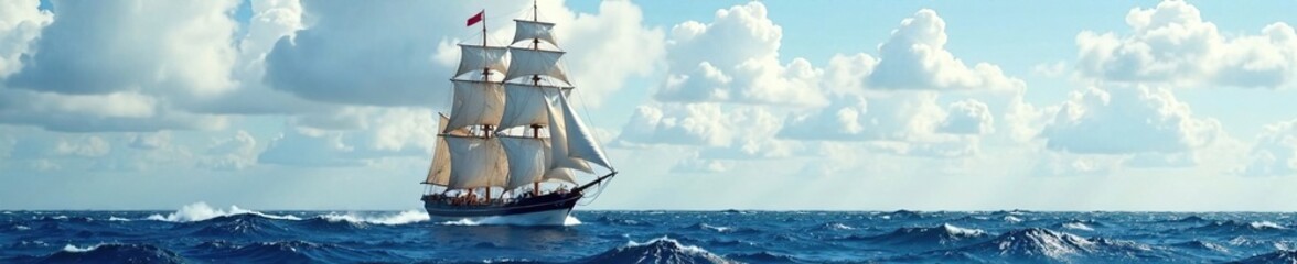 Classic sailing ship with billowing sails in a strong wind, sail, sky, navy