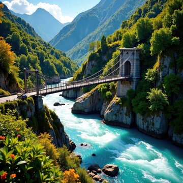 Suspension bridge spanning a fast-moving mountain river, river, metal