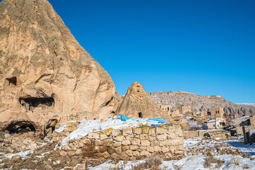 The scenic views of Selime Castle which is the largest and most elaborate cave complex in Cappadocia. The multi-level Byzantine settlement includes a kitchen, halls, church, and rooms in Güzelyurt