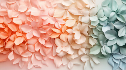 Obraz premium Soft pastel petals in gradient hues of pink, peach, cream, and mint green create serene floral arrangement, evoking sense of calm and natural beauty