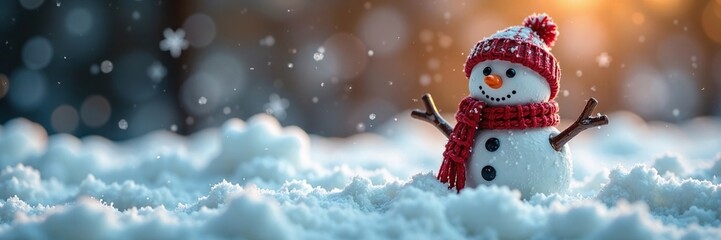 Snowflake decorations surrounding a small snowman figurine, snowy, snowflakes, snow