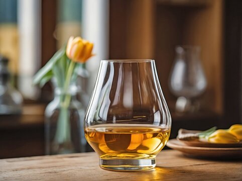 A clear tulip-shaped glass filled with transparent grappa, placed on a polished wooden table.