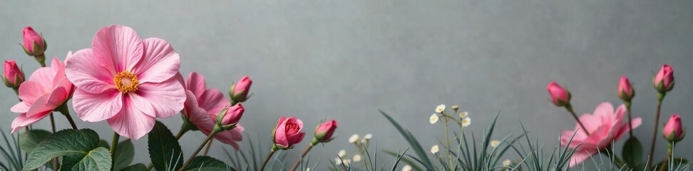 Pink rose mallow with gray grass and a few leaves in the foreground, floral, mallow, gray