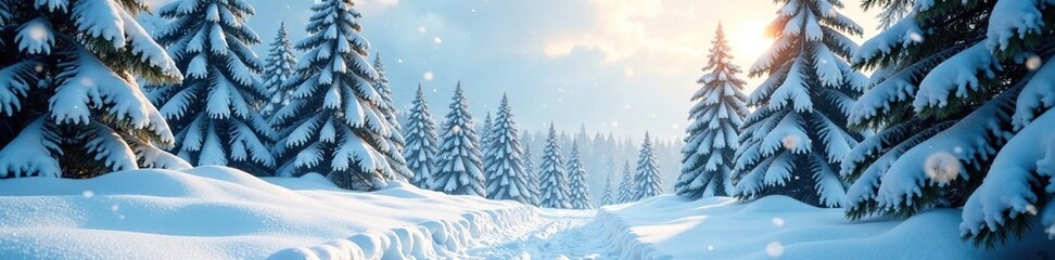 Snowflakes gently fall on a serene winter landscape amidst towering evergreen trees, drifts, evergreen, forest