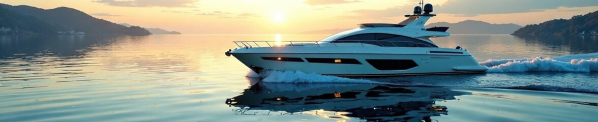 The gentle lapping of waves against the hull of a luxury yacht creates a soothing melody as it glides on a peaceful lake, vessel, boat