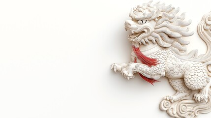 Naklejka premium Intricate sculpture of a mythical guardian lion, often found in traditional Asian architecture