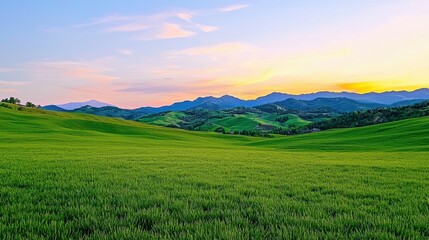 Obraz premium Breathtaking Panoramic View of Lush Green Mountain Landscape at Vibrant Sunset