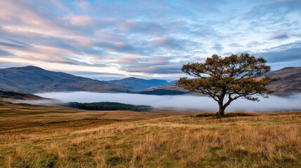 Misty Autumn Landscape with Lone Tree in Mountainous Countryside