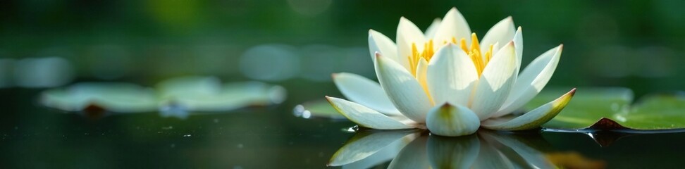 Fototapeta premium Delicate white petals unfolding on a water lily pad, water lilly, water lily blossom, calm