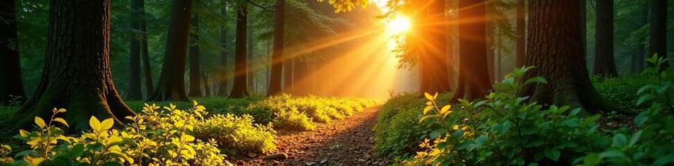 Dappled sunlight on forest floor during sunset, shadows, morning