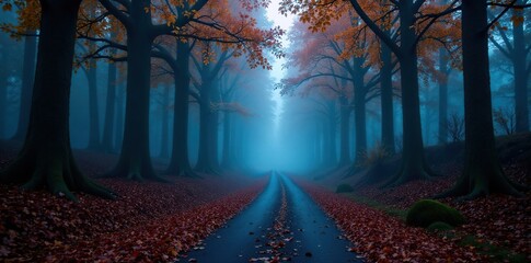 A narrow blue-lit pathway disappears into the misty depths of an autumnal forest, where towering trees loom above, trees, fog