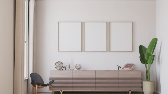 three framed poster mockups on the wall in simple living room interior background with red credenza. 3d illustration