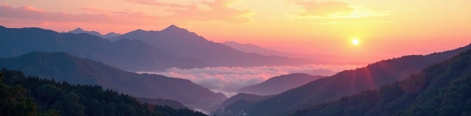 Obraz premium Mountain peaks rise above misty valleys in warm morning light, sunrise, landscape, dawn