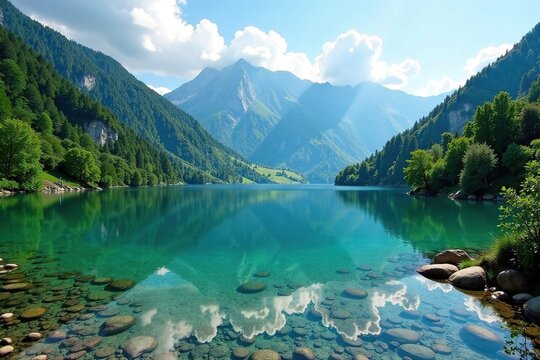 MONTAGNA SCENICA con lago sereno e alberi verdi, lago, paesaggio