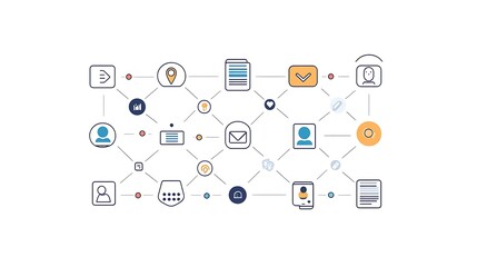 A minimalist design showing interconnected user icons with subtle line accents, placed on a plain white backdrop. 