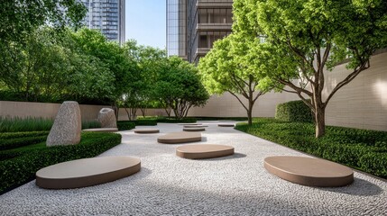 Tranquil Urban Oasis with Geometric Seating and Lush Foliage in Modern City Environment