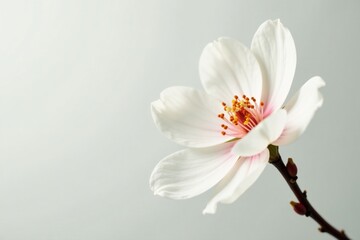 Single white peach blossom against light background, gentle, serene, isolated