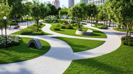 Serene Urban Oasis with Winding Pathways and Lush Greenery