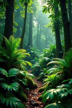 Ferns and cycads in the dense undergrowth of a tropical rainforest, cycads, vegetation, plants