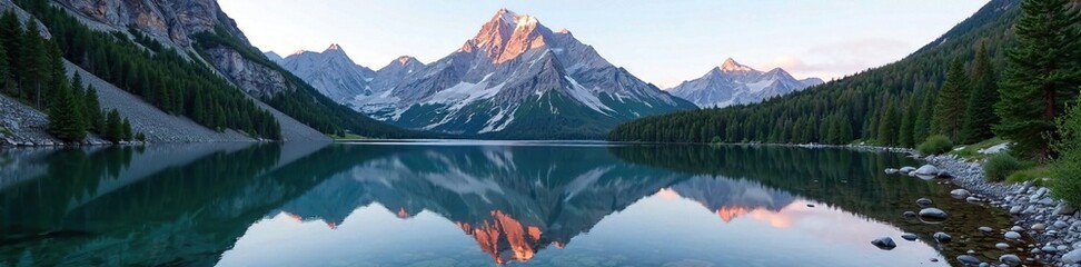 Fototapeta premium Morningside Peak reflected in Moraine Lake's calm waters, Rockies, lake, alpine scenery