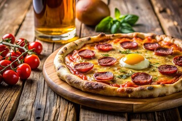 Rustic Pizza with Pepperoni, Quail Egg & Beer - Candid Food Photography