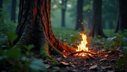 A glowing ember nestles in the crook of a tree's gnarled limb, forest, cozy ambiance, rustic
