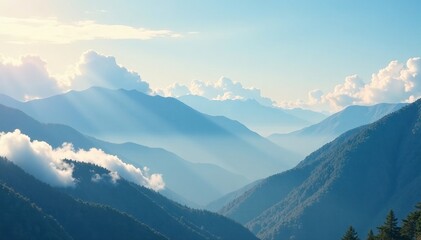 Clouds drift lazily across serene mountainscape, sky, atmospheric, misty